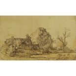 after: Rembrandt van Rijn, Dutch (1606-1669) Antique etching "Landscape With Farm Buildings and a