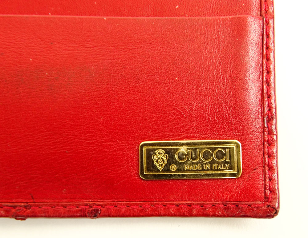 Retro Gucci Red Ostrich Leather Clutch Wallet. Marked with Gucci Monogram Logo Snap, and Gucci Metal - Image 4 of 5