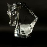 Lalique Crystal Horse Head Sculpture on Black Crystal Base. Signed. One ear has been ground down