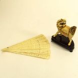 A Vintage Chinese Carved Ivory Mythical Beast Figure and a pierced Ivory Fan. Unsigned. Figure 4" is