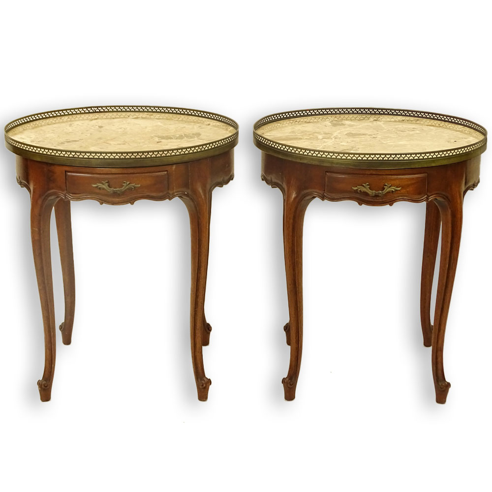 Pair of French Louis XV Style Marble Top Tables With Pierced Brass Gallery. Each with one drawer and