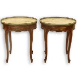 Pair of French Louis XV Style Marble Top Tables With Pierced Brass Gallery. Each with one drawer and