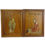 Pair of Vintage Chinese Hardstone Inlaid Wood Panels Depicting Scholars. One with 4 character marks,