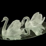 Pair Lalique Crystal Swans On Etched Plateau. Signed. Very light surface scuffs or good condition.