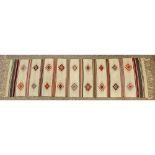 Modern Native American Style Runner Carpet. Unsigned. Soiled or good condition. Measures 111" x 31".