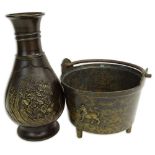 Two (2) Japanese Bronze Vessels. One a vase, unsigned, 10-3/4".The other a censer with a lion motif,