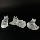 Group of Three (3) Lalique Crystal Cat Figurines. Signed. One tiny chip on ear of double figure or