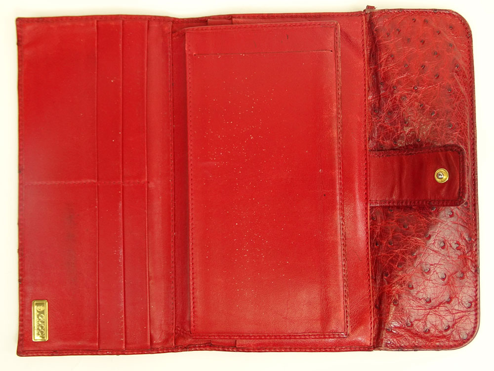 Retro Gucci Red Ostrich Leather Clutch Wallet. Marked with Gucci Monogram Logo Snap, and Gucci Metal - Image 3 of 5