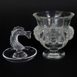 Two Pieces Lalique Art Glass. Includes "Goujon" ring tray, "Dampierre" Vase 5". Signed. Good