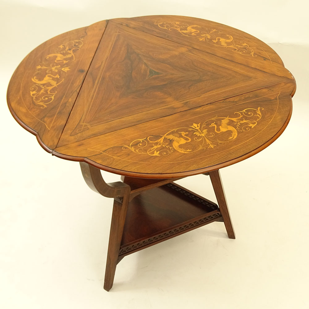 Antique Edwardian Style Inlaid Rosewood Handkerchief Table. Triangle shape with Chimera motif. - Image 3 of 3