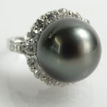 AIG Certified Tahitian Black Pearl, 1.21 Carat Round Brilliant Cut Diamond and 14 Karat White Gold