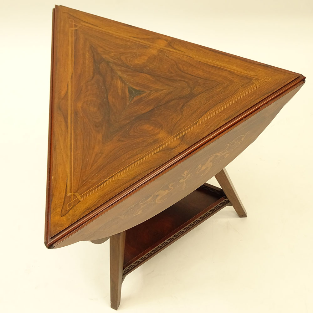 Antique Edwardian Style Inlaid Rosewood Handkerchief Table. Triangle shape with Chimera motif. - Image 2 of 3