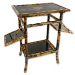 Vintage Lacquered Bamboo Small Table With 2 Fold Up Shelves. Decorated with Fruit Motif. Unsigned.