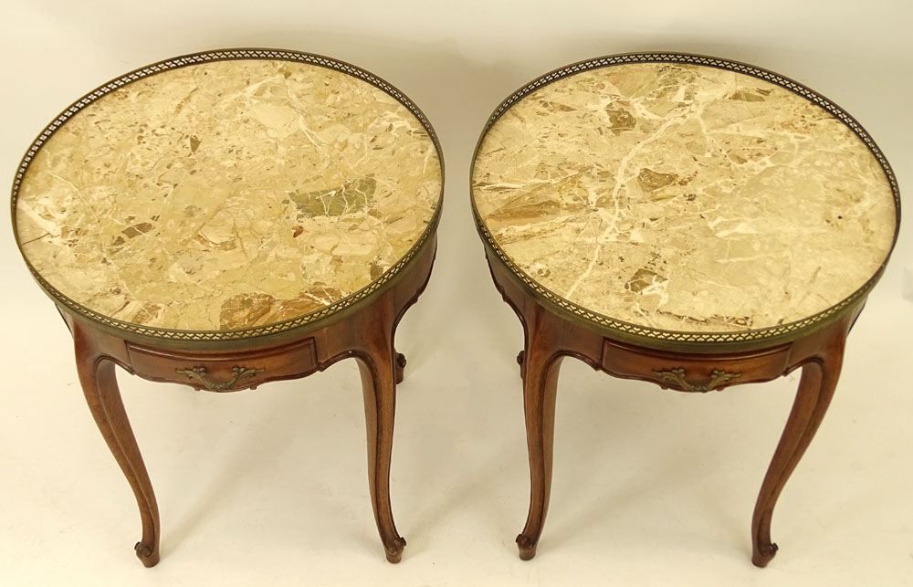 Pair of French Louis XV Style Marble Top Tables With Pierced Brass Gallery. Each with one drawer and - Image 3 of 6