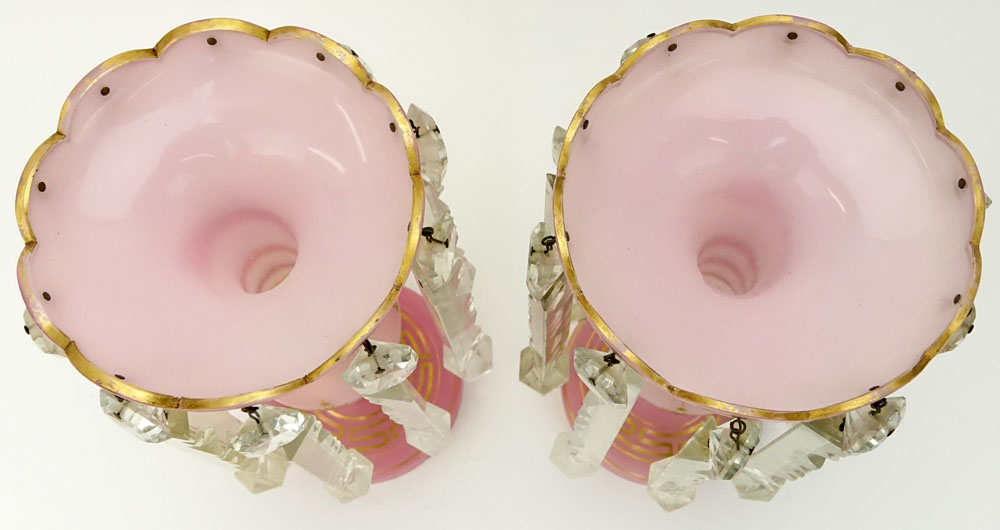 Pair Antique Pink Cased Glass, Snake Wrapped Lusters With Long Prisms and Parcel Gilt Decoration. - Image 2 of 3