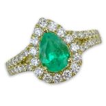 1.37 Carat Pear Shape Emerald, .80 Carat Round Brilliant Cut Diamond and 18 Karat Yellow Gold