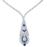 Art Deco Design Approx. 11.10 Carat Diamond, Sapphire and Platinum Pendant Necklace. Set with a 1.10