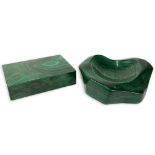 Two (2) Malachite Table Top Items. Includes a shallow bowl/ashtray 7" dia; a box 6" x 4", small