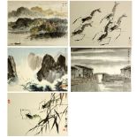 Lot of 5 Mid Century Chinese Watercolors on Paper with Fabric Borders. Signed and Sealed. Light