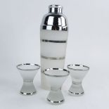 Mid Century Frosted Glass Three Band Cocktail Shaker with Chrome Top along with Three Silver