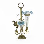 Victorian Enameled Cased Glass and Bronze Epergne. Unsigned. Good condition. Measures 16-3/4" H x