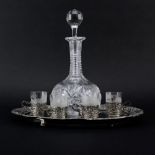 Antique Cut Crystal Decanter on Silver Plate and Glass Tray With 4 Small Glasses. Unsigned. Wear