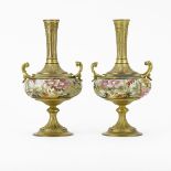 Pair 19/20th Century Tapestry Bronze Vase, Possibly Royal Bonn or Fischer. Unsigned. Wear to gilt