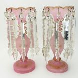Pair Antique Pink Cased Glass, Snake Wrapped Lusters With Long Prisms and Parcel Gilt Decoration.