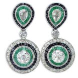 Pair of Art Deco Design Approx. 4.40 Carat Rose Cut and Old European Cut Diamond, Emerald and