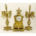 Antique Three (3) piece French ormolu bronze clock garniture set. Figural motif, hand painted