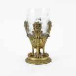 Vintage Crystal and Gilt Metal Ovoid Centerpiece Vase. Figural "Bacchus Mask" mount on paw feet.