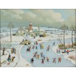 Jean Axatard, French (1931) Oil on canvas "Ice Skaters" Signed lower left. Good condition.