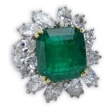 Vintage Approx. 9.72 Carat Colombian Emerald, 5.0 Carat Diamond and 18 Karat White Gold Ring.