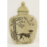 Vintage Japanese Ivory Snuff Bottle. Decorated on One Side with Dog and Tree, The Other with