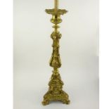 Antique Gilt Bronze Figural Candleholder, now as Lamp. Religious figures. Unsigned. Good