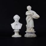 Two Vintage Alabaster Figures. One a girl with a basket 12-1/2" H, the other a bust of Dickens 9" H.