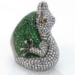 Designer Approx. 3.39 Carat Diamond, 3.78 Carat Green Garnet and 18 Karat White Gold Alligator Ring.