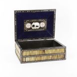 An Ebonised Wood, Bone and Porcupine Quill Box. The interior with an inlaid bone and wood plaque