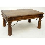 Vintage Rustic Teak Wood Brass Mounted Low Table. Rubbing or wear to surface. Measures 16-1/4" H x