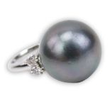 17mm Tahitian Black Pearl, .36 Carat Round Brilliant Cut Diamond and Platinum Ring. Signed Pt900.