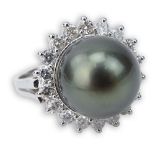 AIG Certified 12.0mm Tahitian Black Pearl, 1.15 Carat Round Brilliant Cut Diamond and 14 Karat White