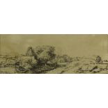 19th Century Etching "Landscape with Cottage" Unsigned. Foxing, toning from age. Measures 2-5/8" x