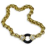 Vintage Italian Large and Heavy 14 Karat Yellow Gold, Pave Set Round Brilliant Cut Diamond and Black