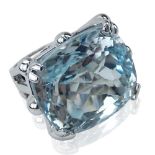 Gem Quality Approx. 56.0 Carat Cushion Cut Aquamarine and 18 Karat White Gold Ring. Aquamarine