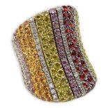 Modern Design Valente Multi Gem Stone, Diamond and 18 Karat Yellow Gold Ring. Good quality stones