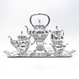 Six (6) Piece Columbian 900 Silver Tea Set. Includes water kettle, tea pot, coffee pot, creamer,