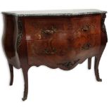 Mid Century Bronze Mounted Marquetry Inlaid 2 Drawer Marble Top Commode. Wear to Varnish, old