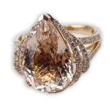 AIG Certified 9.63 Carat Pear Mixed Cut Morganite, .53 Carat Round Brilliant Cut Diamond and 14