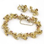 Vintage 14 Karat Yellow Gold Branch Link Bracelet and Earring Suite accented throughout with small