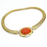 Vintage Italian Large Cabochon Red Coral, Pave Set Round Brilliant Cut Diamond and 14 Karat Yellow